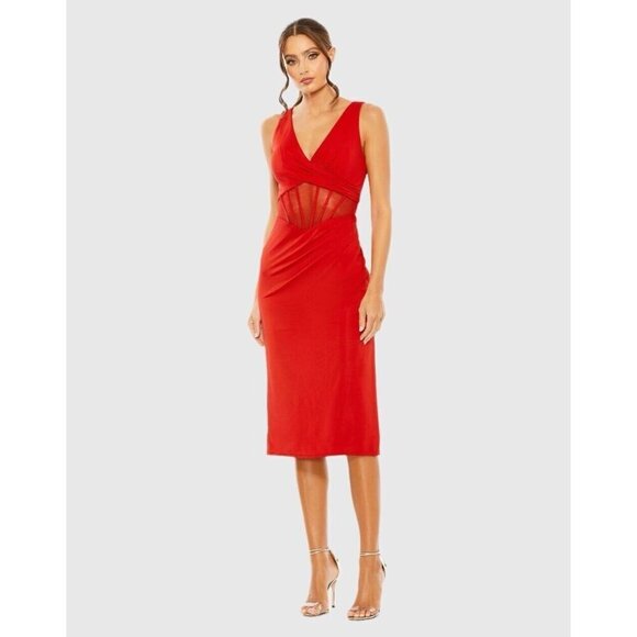MAC DUGGAL Size 4 Red Sheer Mesh Midriff V-Neck Jersey Midi Cocktail Dress New - Picture 1 of 10